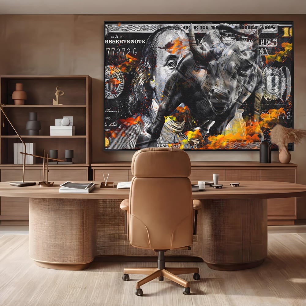 Tablou Canvas Premium LuxCanva® A1166, Dollar Bull , Decorativ, Benjamin Franklin, Cash, USD, Culori Vibrante