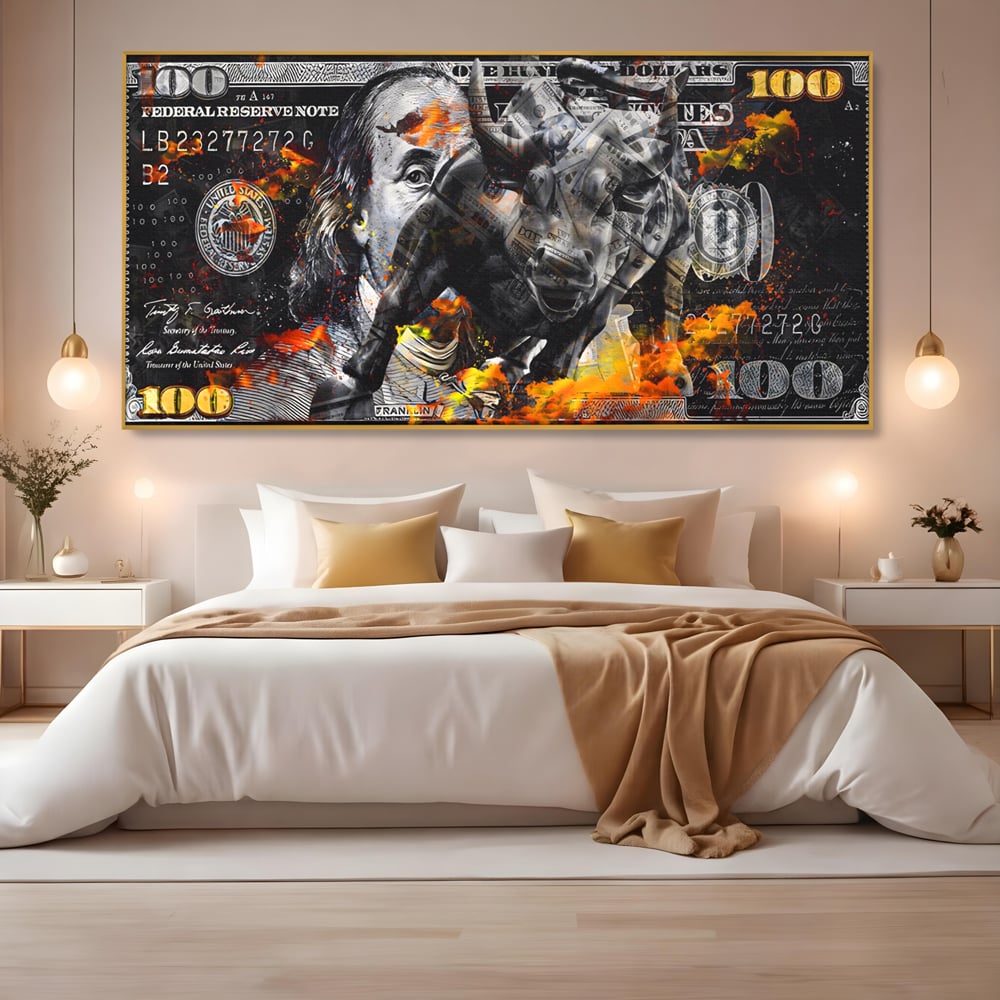 Tablou Canvas Premium LuxCanva® A1166, Dollar Bull , Decorativ, Benjamin Franklin, Cash, USD, Culori Vibrante