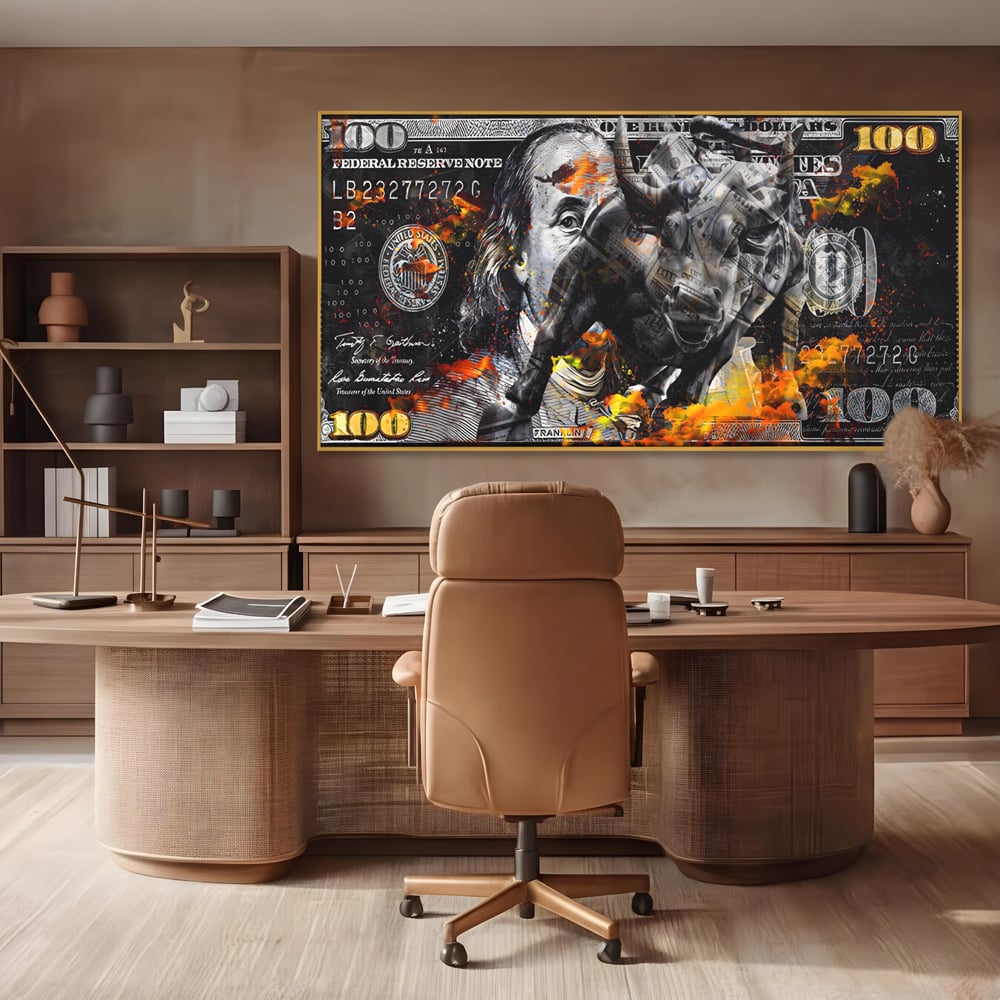 Tablou Canvas Premium LuxCanva® A1166, Dollar Bull , Decorativ, Benjamin Franklin, Cash, USD, Culori Vibrante