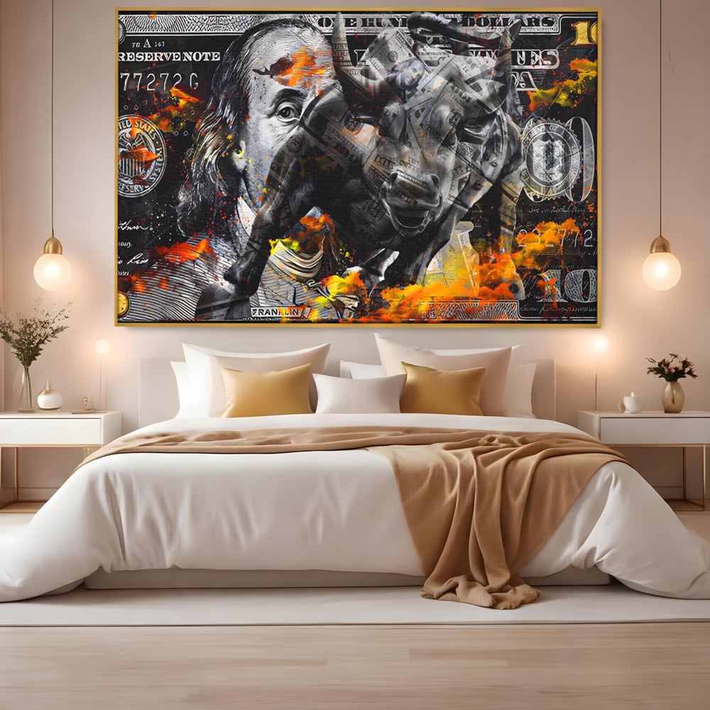 Tablou Canvas Premium LuxCanva® A1166, Dollar Bull , Decorativ, Benjamin Franklin, Cash, USD, Culori Vibrante