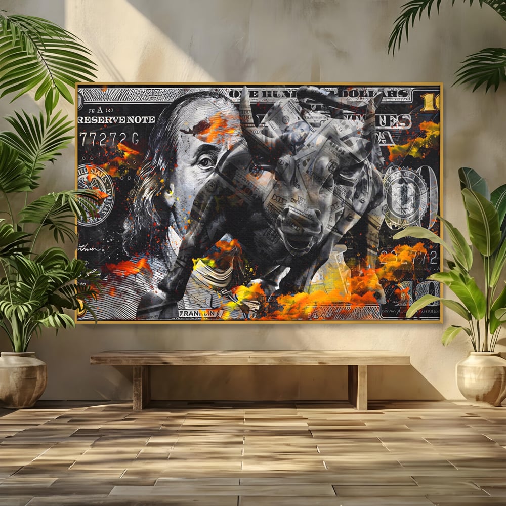 Tablou Canvas Premium LuxCanva® A1166, Dollar Bull , Decorativ, Benjamin Franklin, Cash, USD, Culori Vibrante