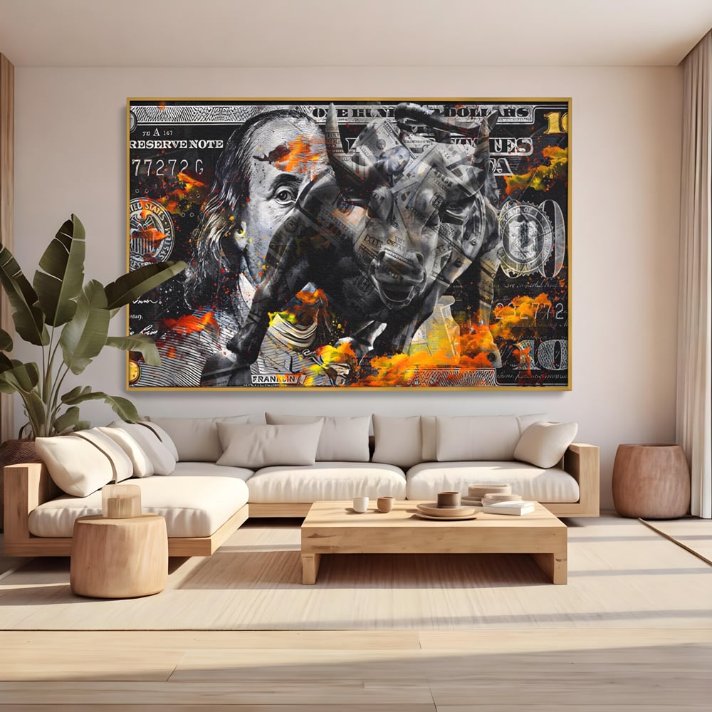 Tablou Canvas Premium LuxCanva® A1166, Dollar Bull , Decorativ, Benjamin Franklin, Cash, USD, Culori Vibrante