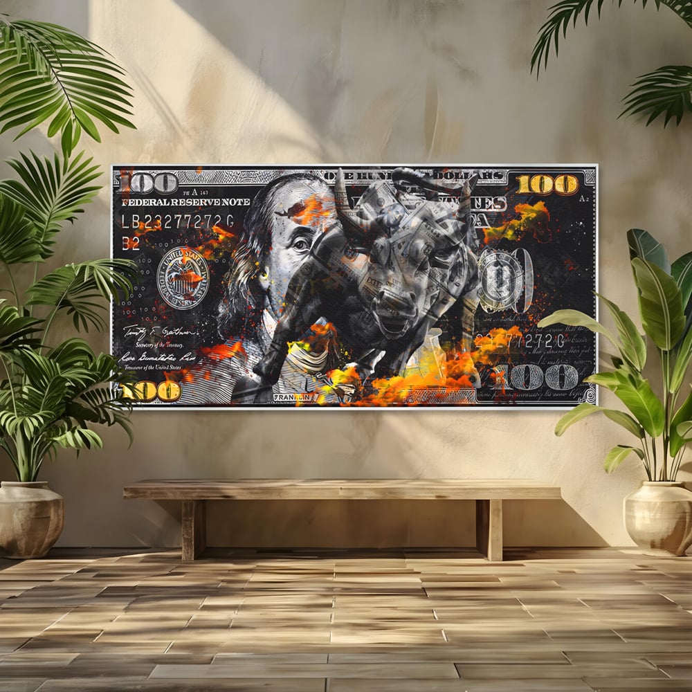 Tablou Canvas Premium LuxCanva® A1166, Dollar Bull , Decorativ, Benjamin Franklin, Cash, USD, Culori Vibrante