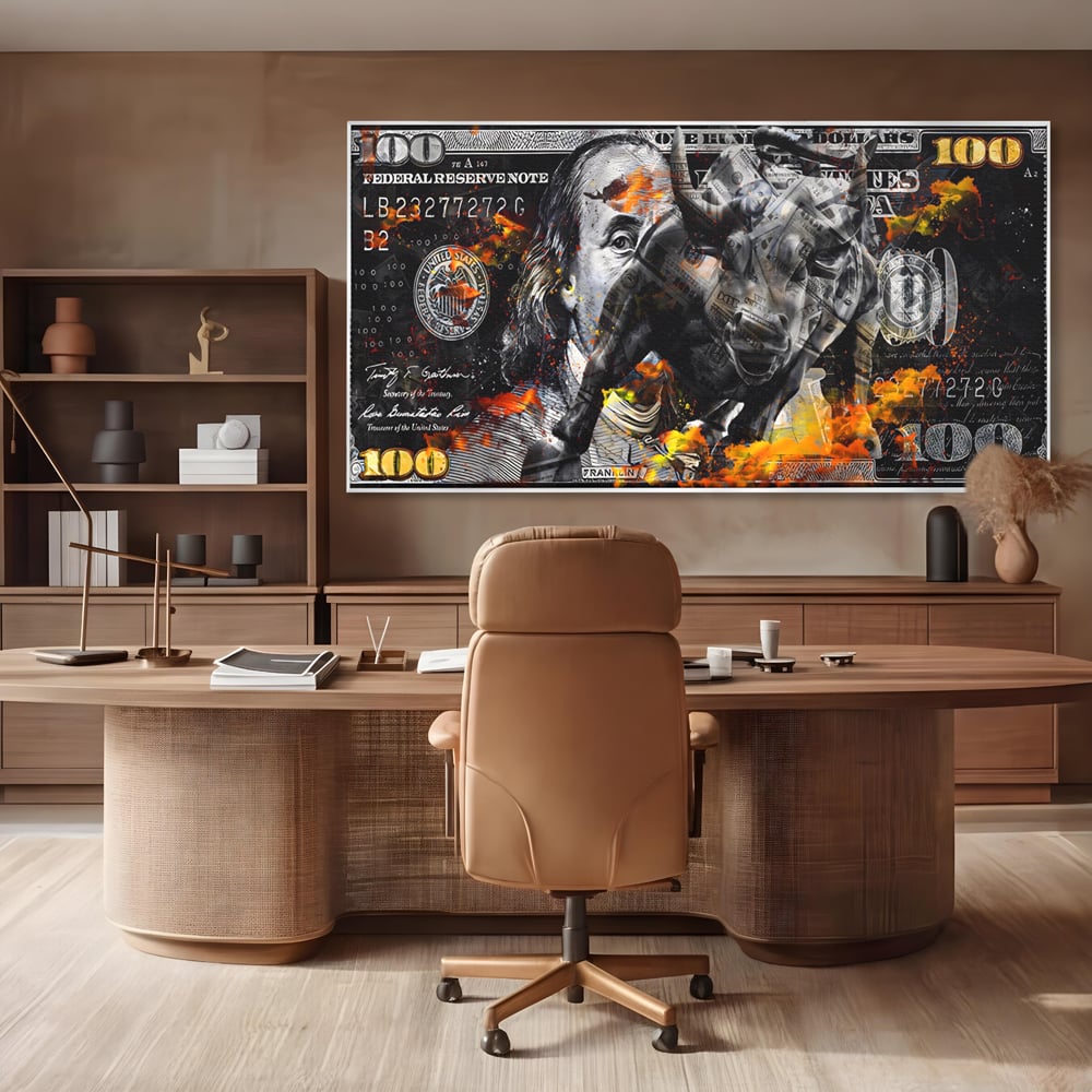 Tablou Canvas Premium LuxCanva® A1166, Dollar Bull , Decorativ, Benjamin Franklin, Cash, USD, Culori Vibrante