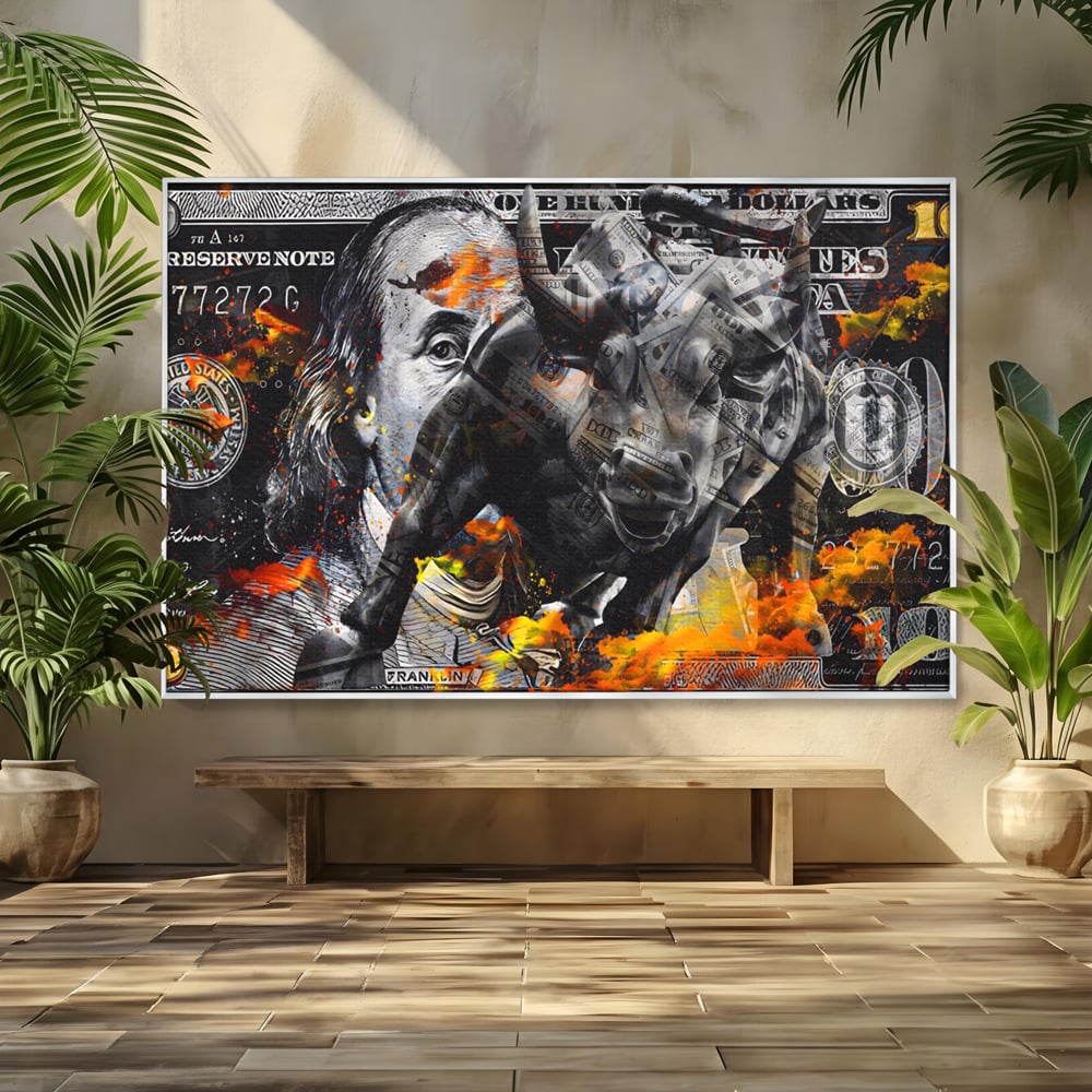 Tablou Canvas Premium LuxCanva® A1166, Dollar Bull , Decorativ, Benjamin Franklin, Cash, USD, Culori Vibrante