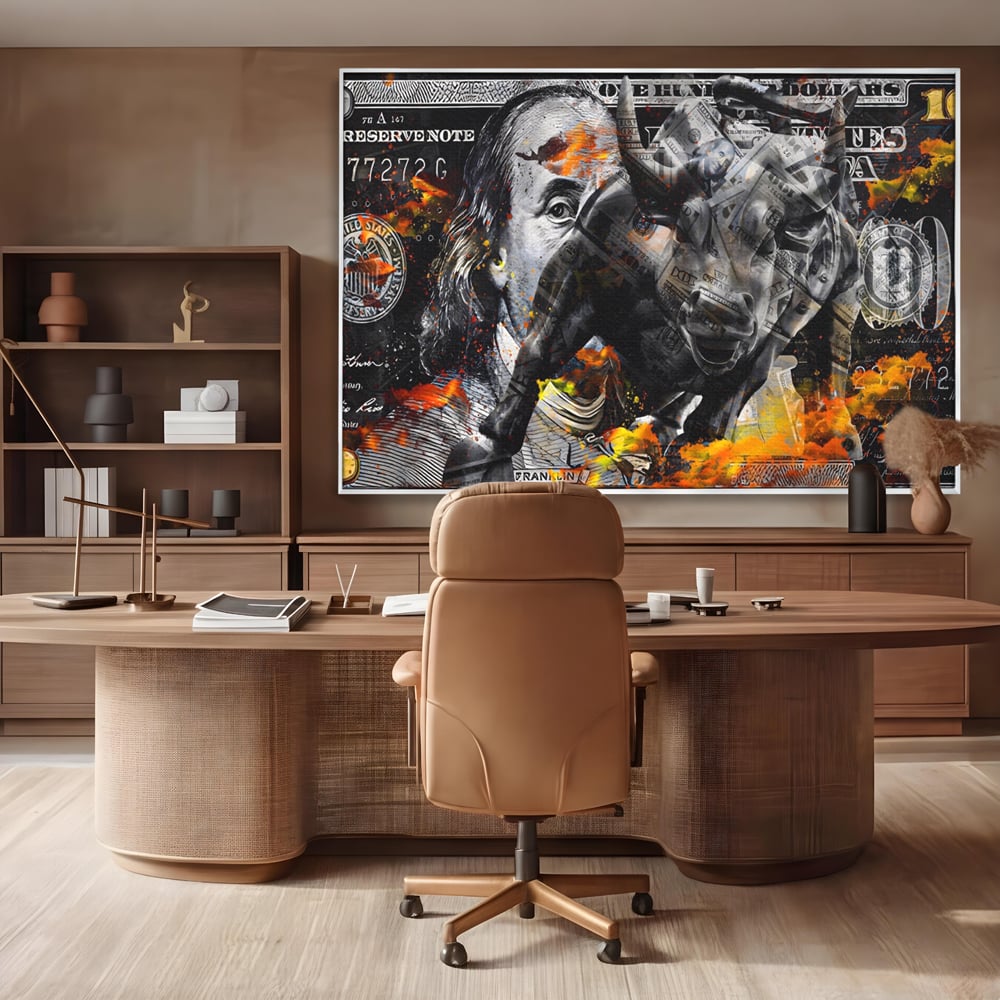 Tablou Canvas Premium LuxCanva® A1166, Dollar Bull , Decorativ, Benjamin Franklin, Cash, USD, Culori Vibrante