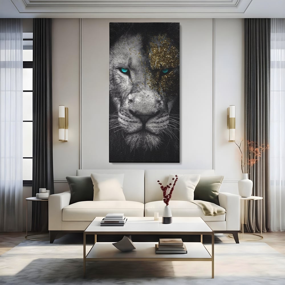 Leinwandbilder Premium-Leinwandkunst LuxCanva® A1167, Löwe mit blauen Augen , Dekorativ, Wohnen, Wohnzimmer, Tier, Dschungelkönig, Lebendige Farben