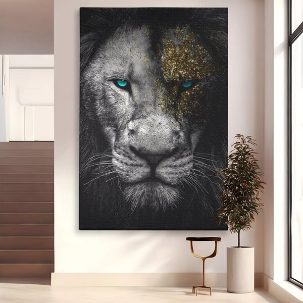 Leinwandbilder Premium-Leinwandkunst LuxCanva® A1167, Löwe mit blauen Augen , Dekorativ, Wohnen, Wohnzimmer, Tier, Dschungelkönig, Lebendige Farben