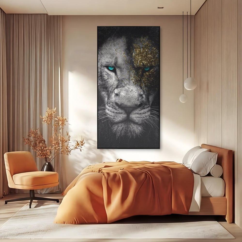 Leinwandbilder Premium-Leinwandkunst LuxCanva® A1167, Löwe mit blauen Augen , Dekorativ, Wohnen, Wohnzimmer, Tier, Dschungelkönig, Lebendige Farben
