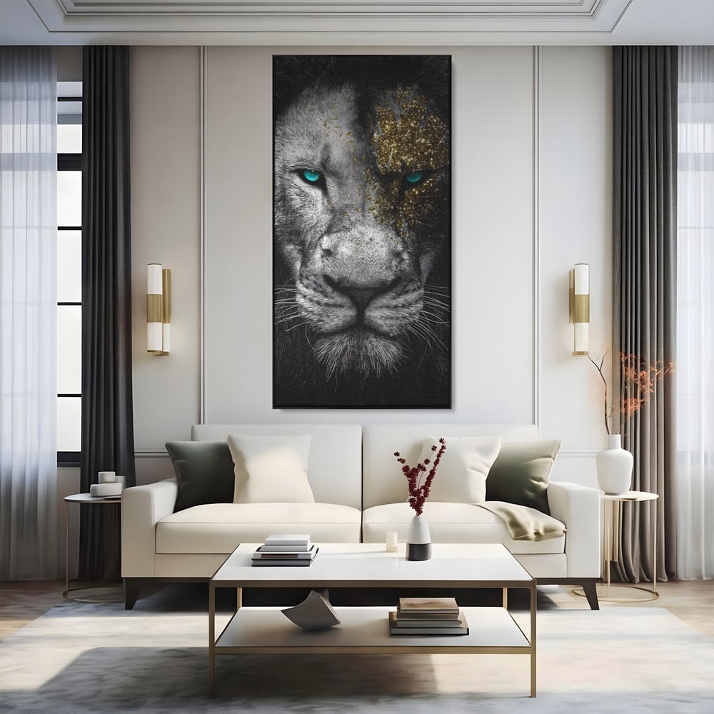 Leinwandbilder Premium-Leinwandkunst LuxCanva® A1167, Löwe mit blauen Augen , Dekorativ, Wohnen, Wohnzimmer, Tier, Dschungelkönig, Lebendige Farben