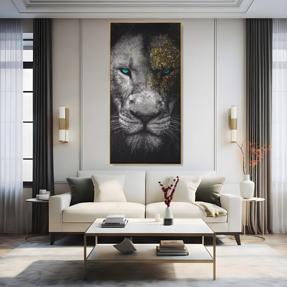 Leinwandbilder Premium-Leinwandkunst LuxCanva® A1167, Löwe mit blauen Augen , Dekorativ, Wohnen, Wohnzimmer, Tier, Dschungelkönig, Lebendige Farben