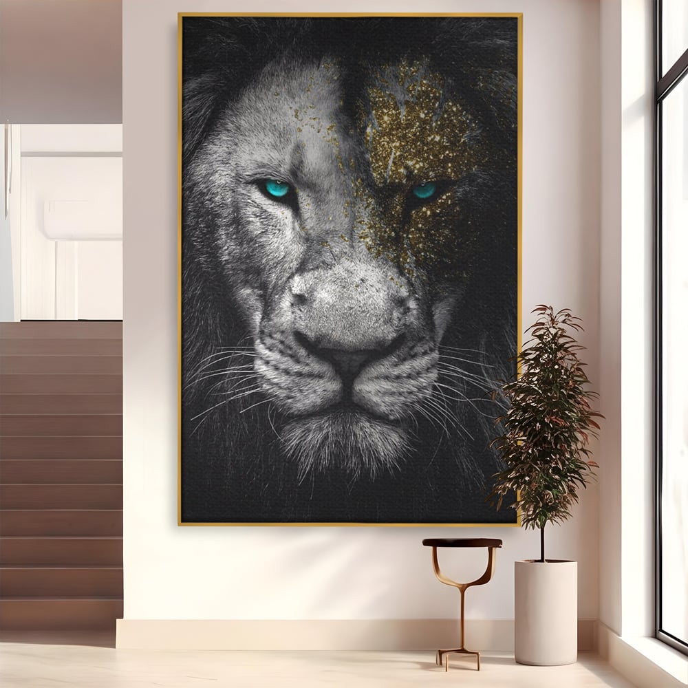 Leinwandbilder Premium-Leinwandkunst LuxCanva® A1167, Löwe mit blauen Augen , Dekorativ, Wohnen, Wohnzimmer, Tier, Dschungelkönig, Lebendige Farben