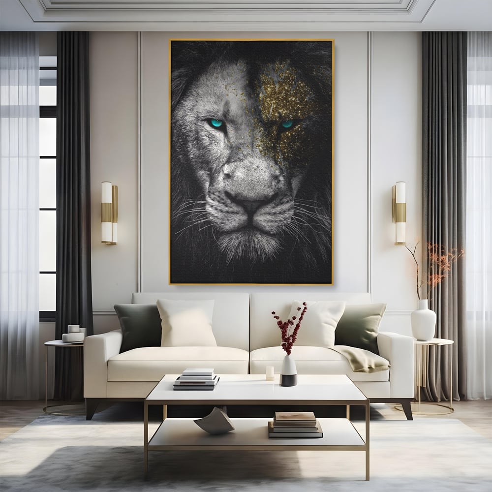 Leinwandbilder Premium-Leinwandkunst LuxCanva® A1167, Löwe mit blauen Augen , Dekorativ, Wohnen, Wohnzimmer, Tier, Dschungelkönig, Lebendige Farben