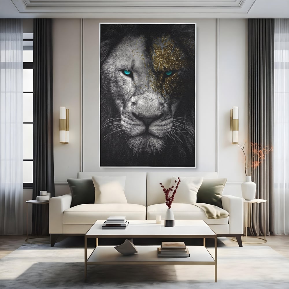 Leinwandbilder Premium-Leinwandkunst LuxCanva® A1167, Löwe mit blauen Augen , Dekorativ, Wohnen, Wohnzimmer, Tier, Dschungelkönig, Lebendige Farben