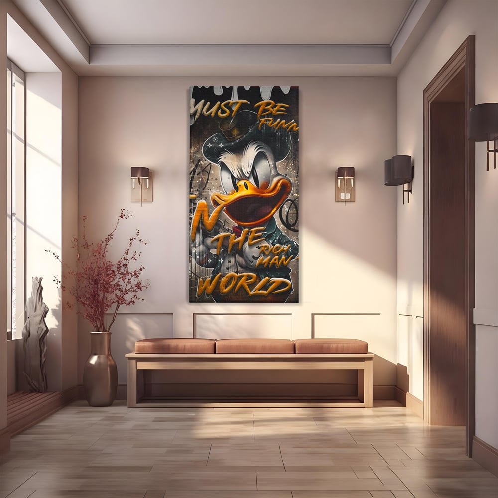 Leinwand Wandkunst Leinwand Wandkunst Premium LuxCanva® A1169, Muss lustig sein, Dekorativ, Wohnen, Dagobert Duck, Cartoons, Schlafzimmer, Kräftige Farben