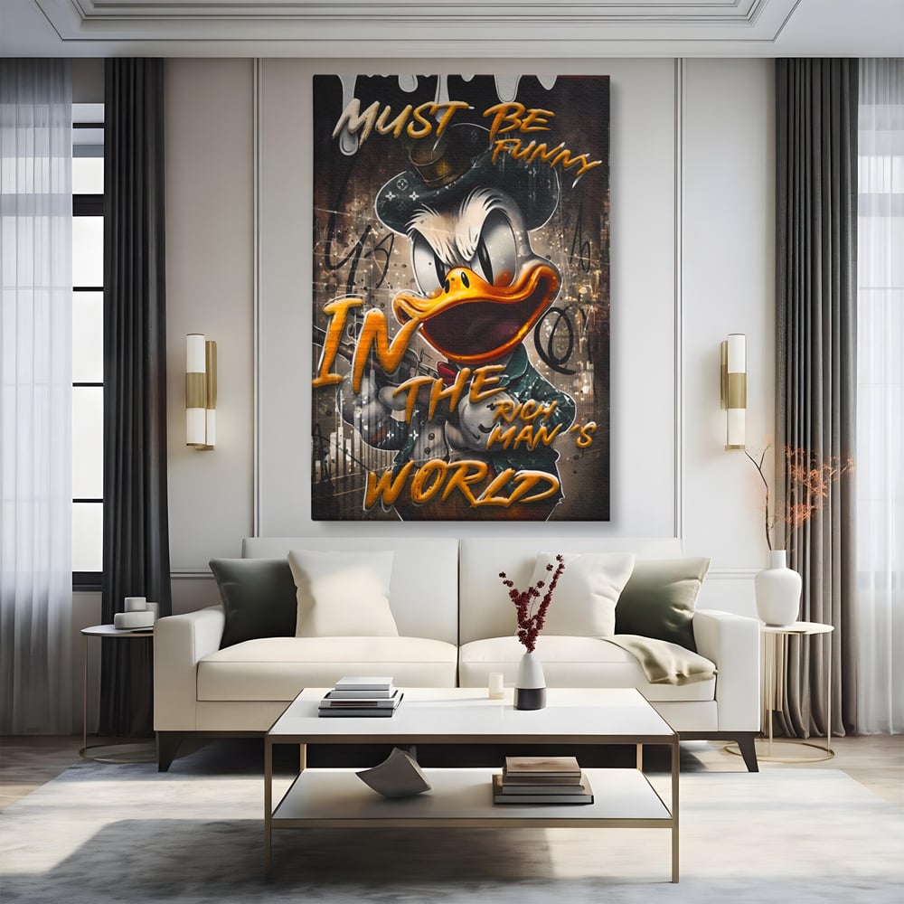 Leinwand Wandkunst Leinwand Wandkunst Premium LuxCanva® A1169, Muss lustig sein, Dekorativ, Wohnen, Dagobert Duck, Cartoons, Schlafzimmer, Kräftige Farben