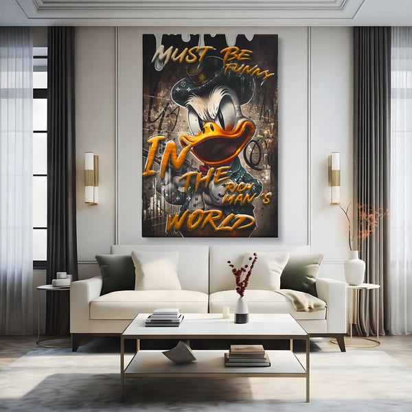 Leinwand Wandkunst Leinwand Wandkunst Premium LuxCanva® A1169, Muss lustig sein, Dekorativ, Wohnen, Dagobert Duck, Cartoons, Schlafzimmer, Kräftige Farben