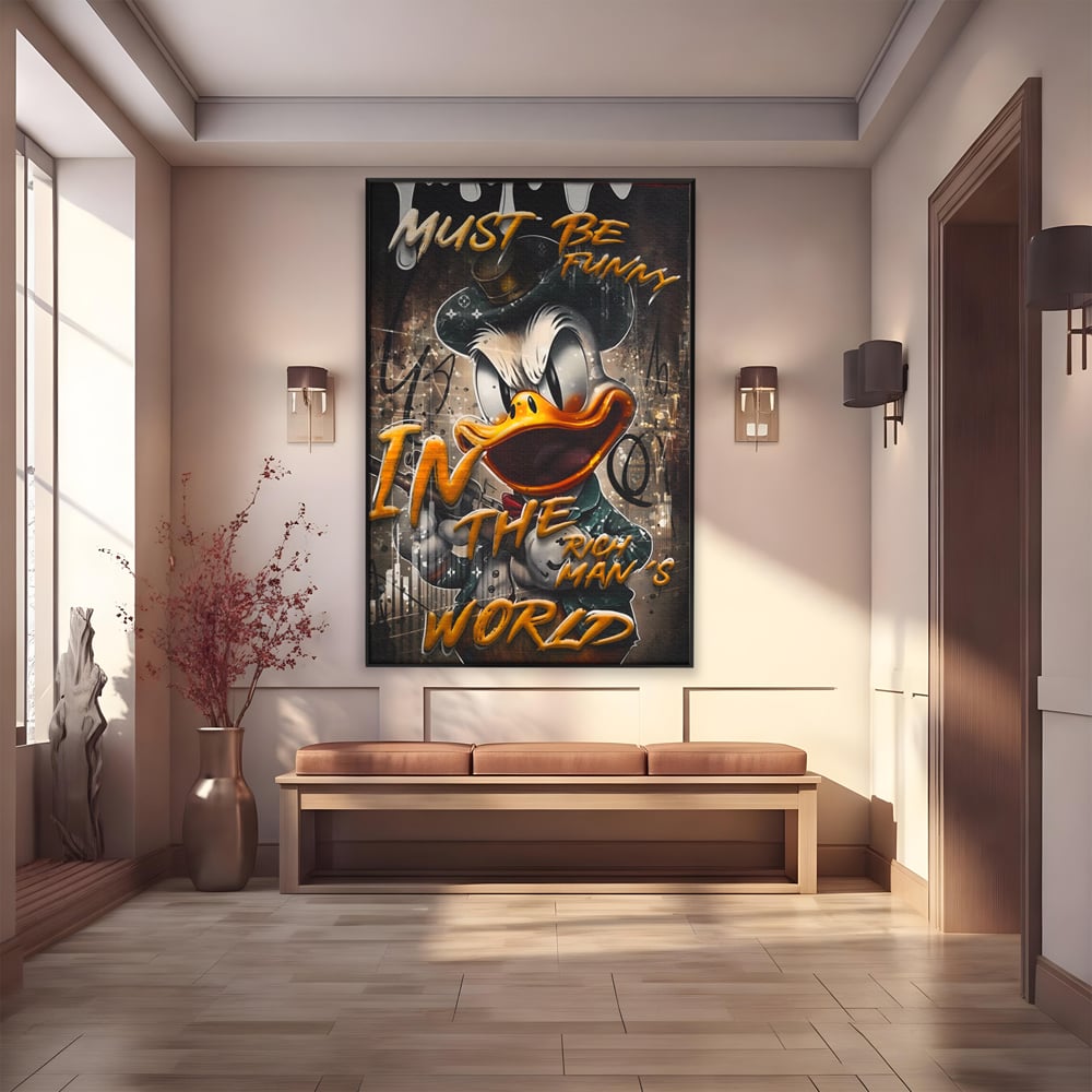 Leinwand Wandkunst Leinwand Wandkunst Premium LuxCanva® A1169, Muss lustig sein, Dekorativ, Wohnen, Dagobert Duck, Cartoons, Schlafzimmer, Kräftige Farben