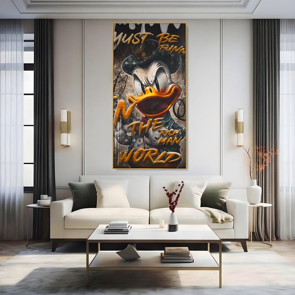 Leinwand Wandkunst Leinwand Wandkunst Premium LuxCanva® A1169, Muss lustig sein, Dekorativ, Wohnen, Dagobert Duck, Cartoons, Schlafzimmer, Kräftige Farben