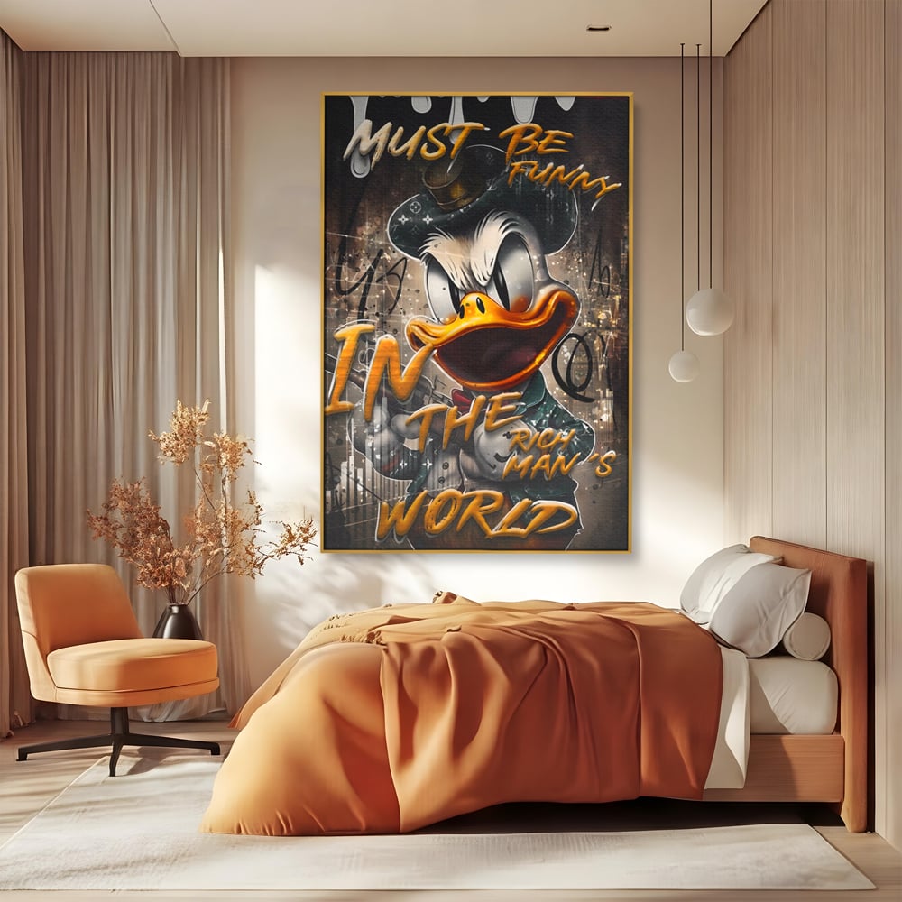Leinwand Wandkunst Leinwand Wandkunst Premium LuxCanva® A1169, Muss lustig sein, Dekorativ, Wohnen, Dagobert Duck, Cartoons, Schlafzimmer, Kräftige Farben