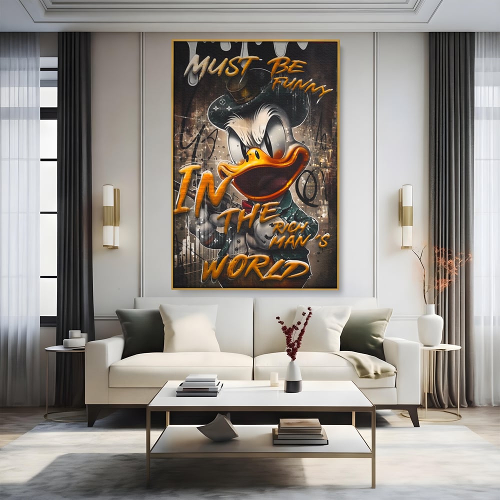 Leinwand Wandkunst Leinwand Wandkunst Premium LuxCanva® A1169, Muss lustig sein, Dekorativ, Wohnen, Dagobert Duck, Cartoons, Schlafzimmer, Kräftige Farben