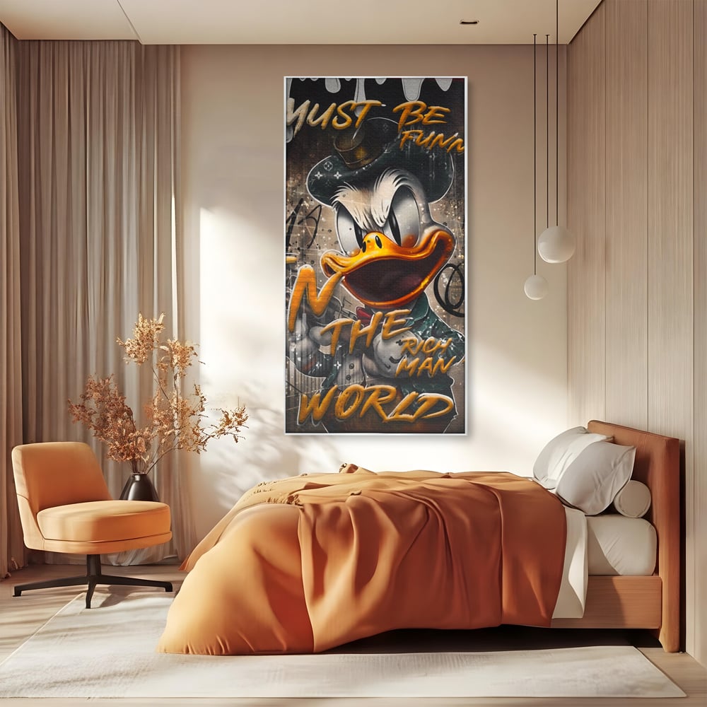 Leinwand Wandkunst Leinwand Wandkunst Premium LuxCanva® A1169, Muss lustig sein, Dekorativ, Wohnen, Dagobert Duck, Cartoons, Schlafzimmer, Kräftige Farben