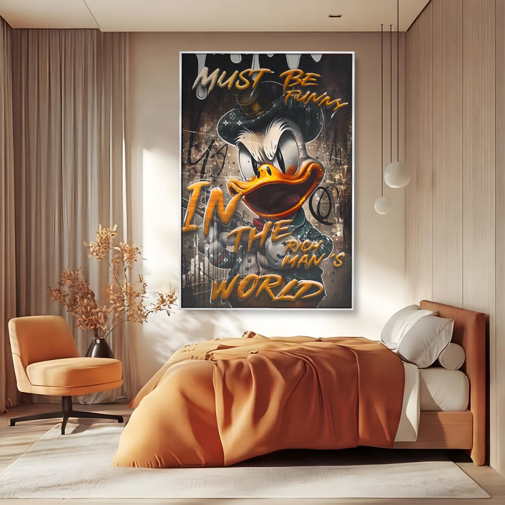 Leinwand Wandkunst Leinwand Wandkunst Premium LuxCanva® A1169, Muss lustig sein, Dekorativ, Wohnen, Dagobert Duck, Cartoons, Schlafzimmer, Kräftige Farben