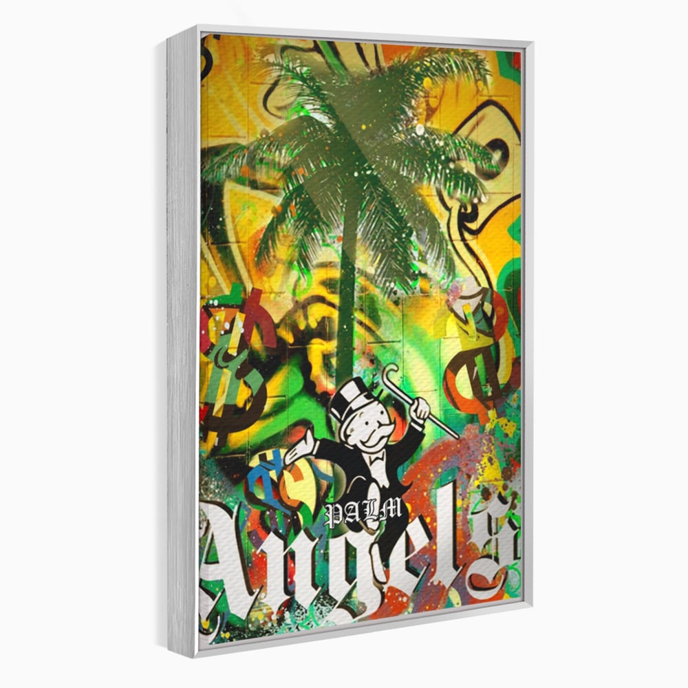 Tablou Canvas Premium LuxCanva® A1176, Monopoly Dollars , Palm Angels, Palmier, Dormitor, Dolar, Culori Vibrante