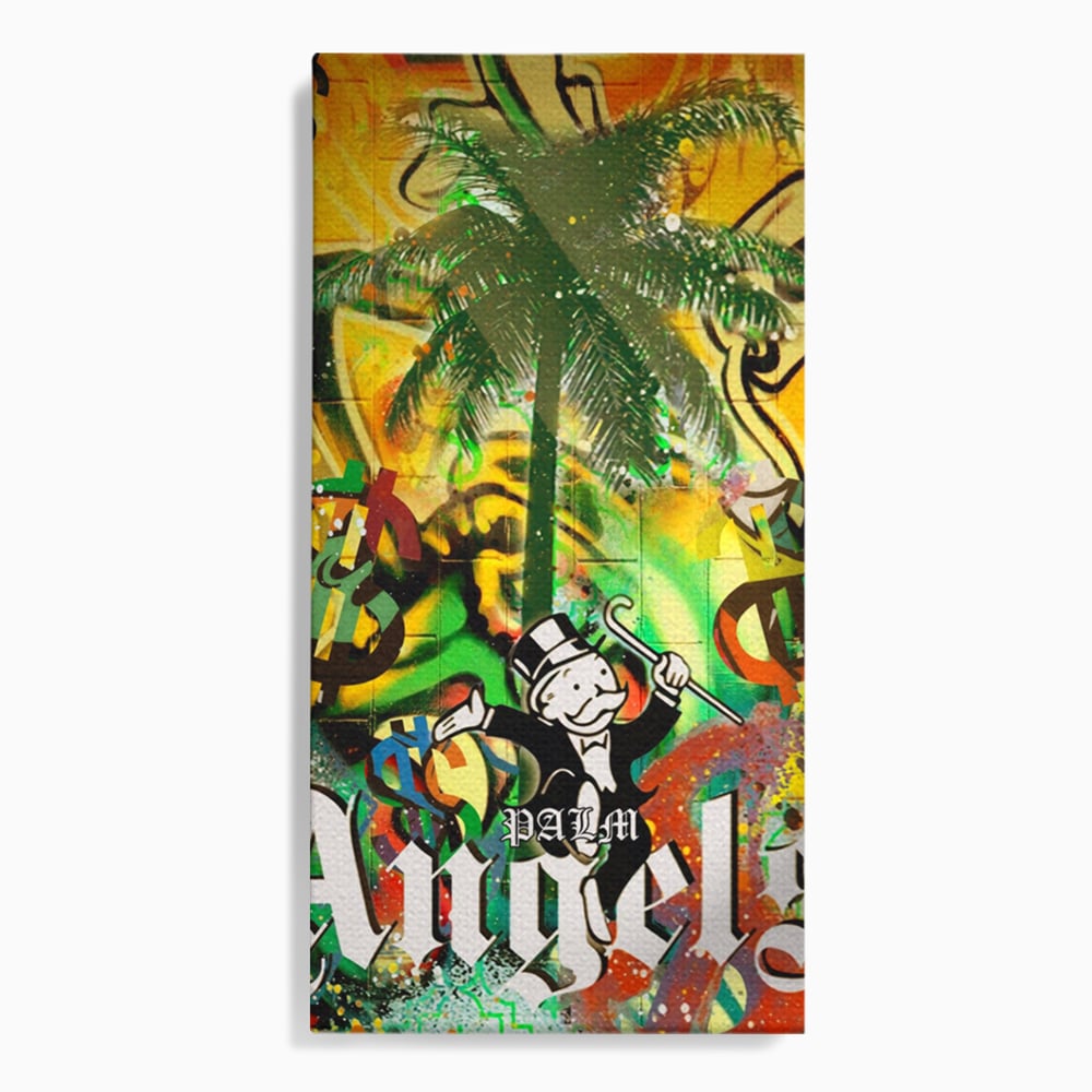 Tablou Canvas Premium LuxCanva® A1176, Monopoly Dollars , Palm Angels, Palmier, Dormitor, Dolar, Culori Vibrante