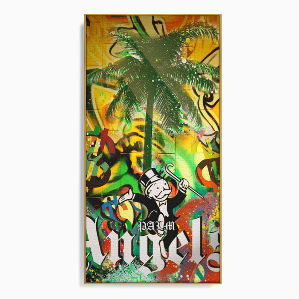 Tablou Canvas Premium LuxCanva® A1176, Monopoly Dollars , Palm Angels, Palmier, Dormitor, Dolar, Culori Vibrante