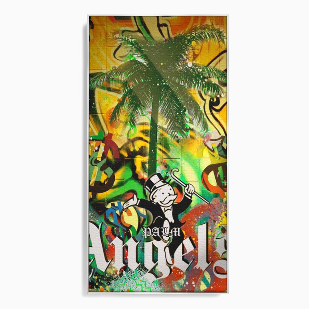 Tablou Canvas Premium LuxCanva® A1176, Monopoly Dollars , Palm Angels, Palmier, Dormitor, Dolar, Culori Vibrante