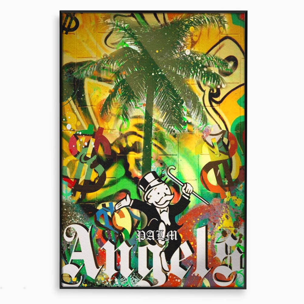 Tablou Canvas Premium LuxCanva® A1176, Monopoly Dollars , Palm Angels, Palmier, Dormitor, Dolar, Culori Vibrante