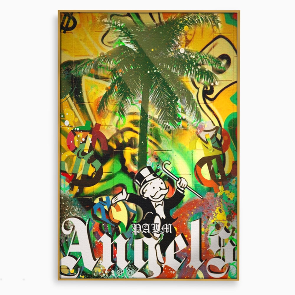 Tablou Canvas Premium LuxCanva® A1176, Monopoly Dollars , Palm Angels, Palmier, Dormitor, Dolar, Culori Vibrante