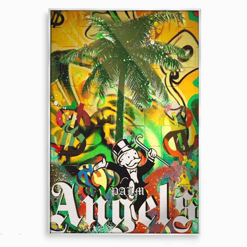 Tablou Canvas Premium LuxCanva® A1176, Monopoly Dollars , Palm Angels, Palmier, Dormitor, Dolar, Culori Vibrante