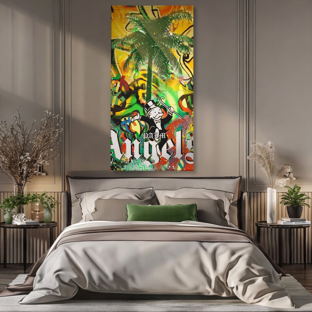 Tablou Canvas Premium LuxCanva® A1176, Monopoly Dollars , Palm Angels, Palmier, Dormitor, Dolar, Culori Vibrante