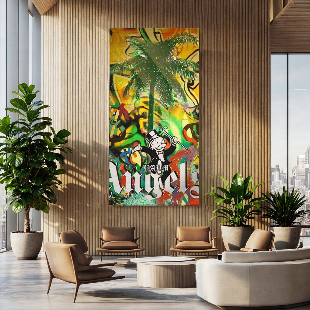 Tablou Canvas Premium LuxCanva® A1176, Monopoly Dollars , Palm Angels, Palmier, Dormitor, Dolar, Culori Vibrante