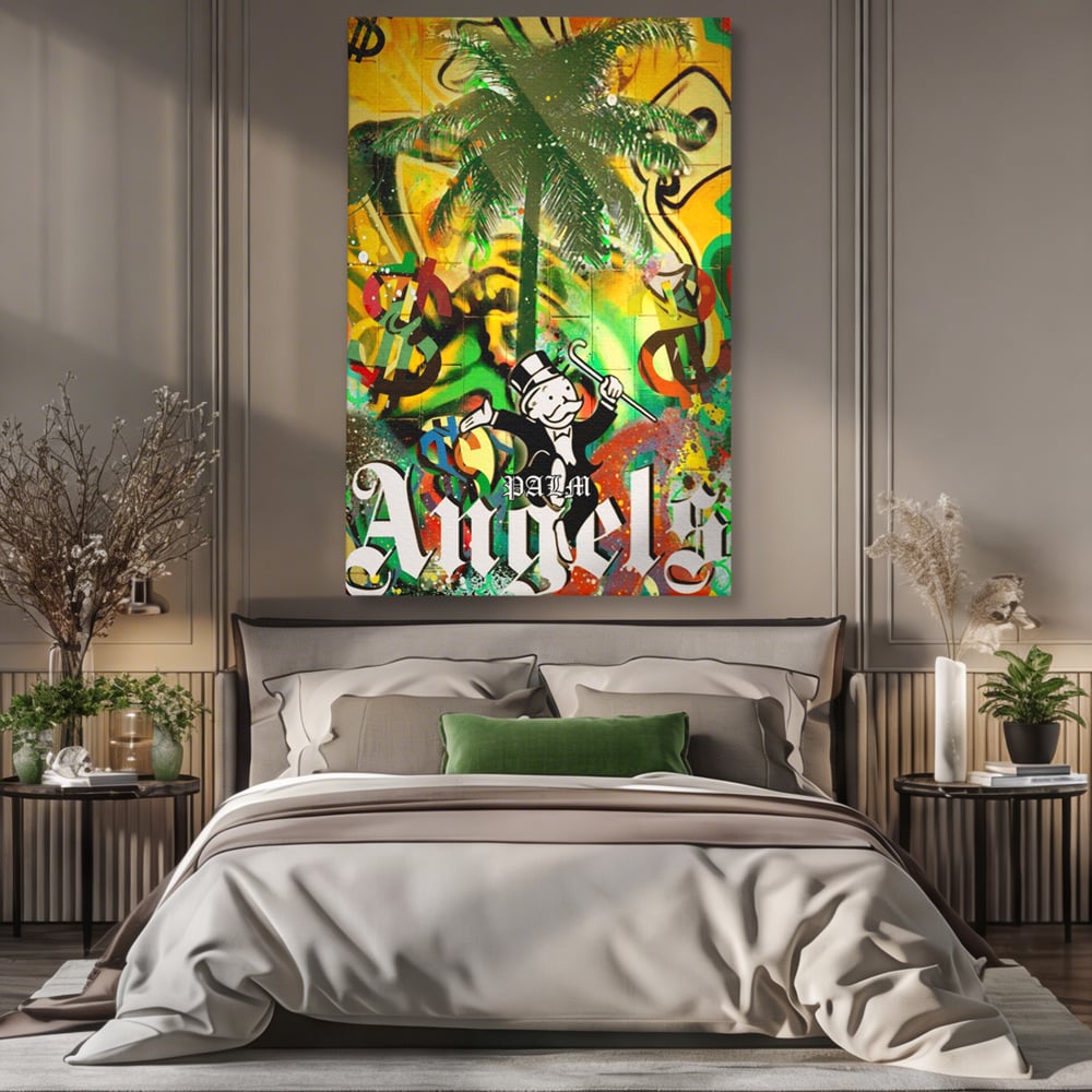 Tablou Canvas Premium LuxCanva® A1176, Monopoly Dollars , Palm Angels, Palmier, Dormitor, Dolar, Culori Vibrante