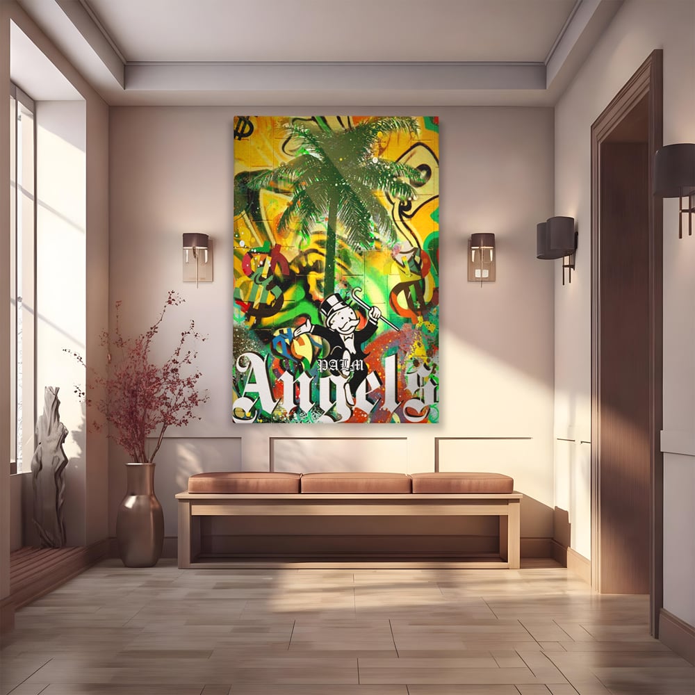 Tablou Canvas Premium LuxCanva® A1176, Monopoly Dollars , Palm Angels, Palmier, Dormitor, Dolar, Culori Vibrante
