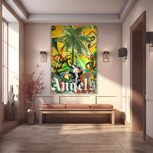 Tablou Canvas Premium LuxCanva® A1176, Monopoly Dollars , Palm Angels, Palmier, Dormitor, Dolar, Culori Vibrante