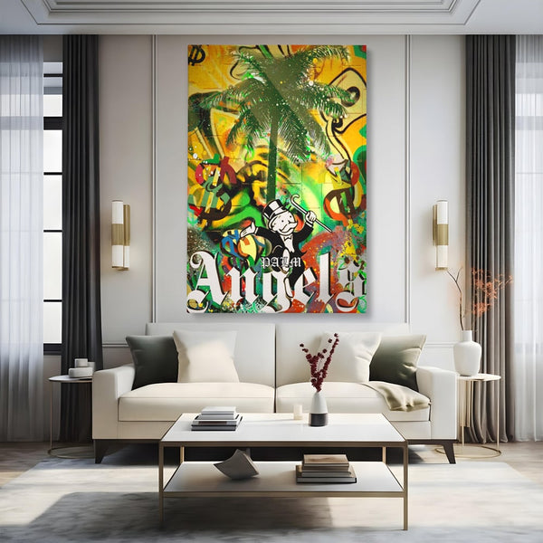 Tablou Canvas Premium LuxCanva® A1176, Monopoly Dollars , Palm Angels, Palmier, Dormitor, Dolar, Culori Vibrante