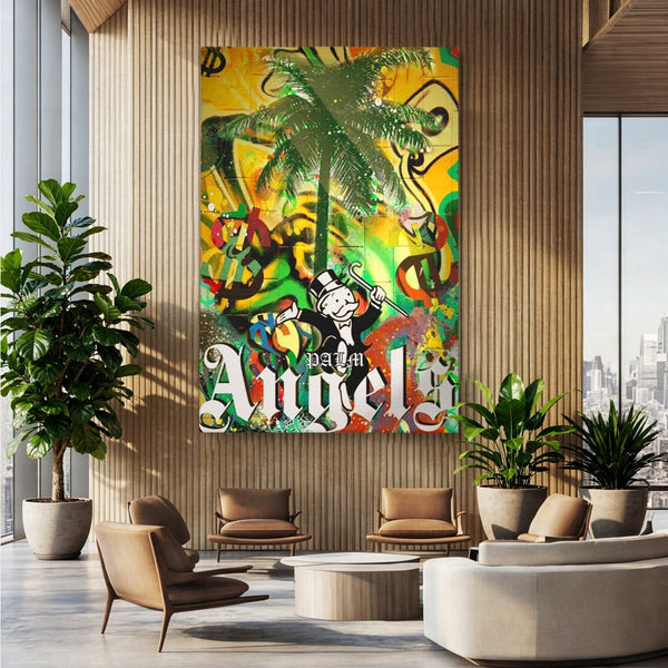 Tablou Canvas Premium LuxCanva® A1176, Monopoly Dollars , Palm Angels, Palmier, Dormitor, Dolar, Culori Vibrante