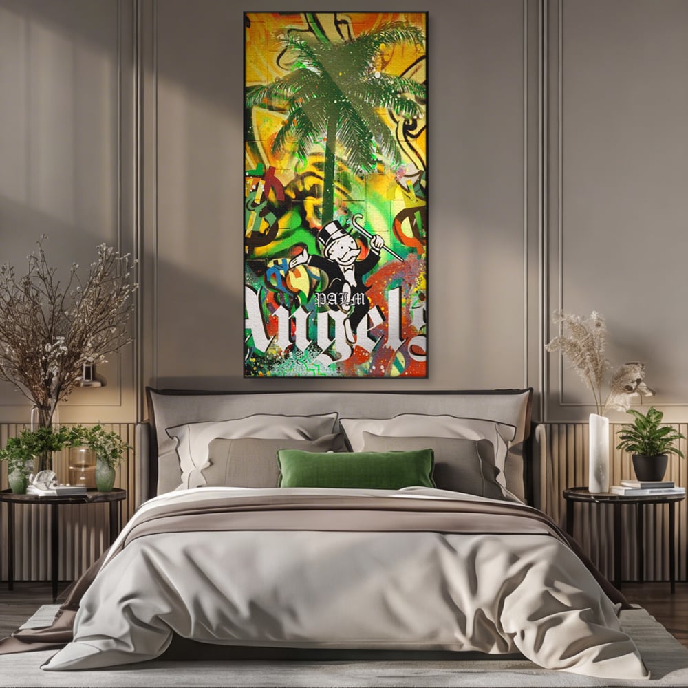 Tablou Canvas Premium LuxCanva® A1176, Monopoly Dollars , Palm Angels, Palmier, Dormitor, Dolar, Culori Vibrante