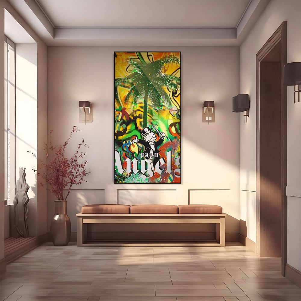 Tablou Canvas Premium LuxCanva® A1176, Monopoly Dollars , Palm Angels, Palmier, Dormitor, Dolar, Culori Vibrante