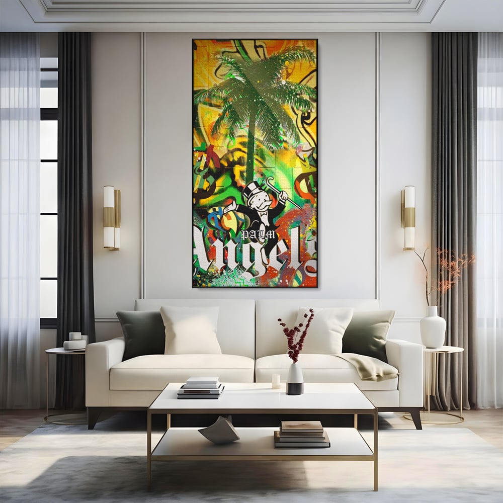 Tablou Canvas Premium LuxCanva® A1176, Monopoly Dollars , Palm Angels, Palmier, Dormitor, Dolar, Culori Vibrante