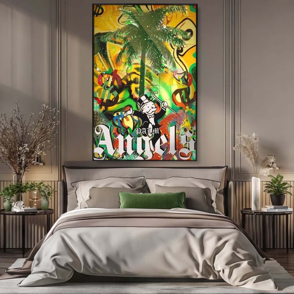 Tablou Canvas Premium LuxCanva® A1176, Monopoly Dollars , Palm Angels, Palmier, Dormitor, Dolar, Culori Vibrante
