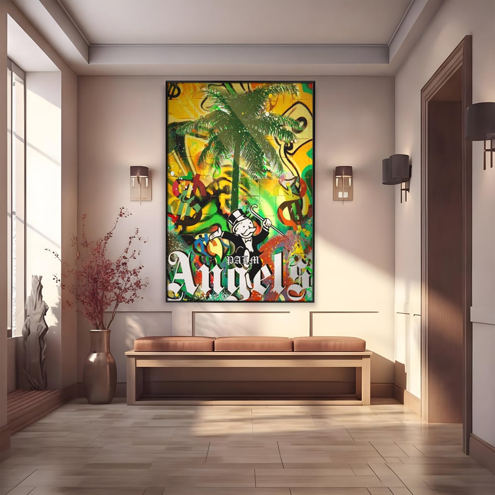 Tablou Canvas Premium LuxCanva® A1176, Monopoly Dollars , Palm Angels, Palmier, Dormitor, Dolar, Culori Vibrante