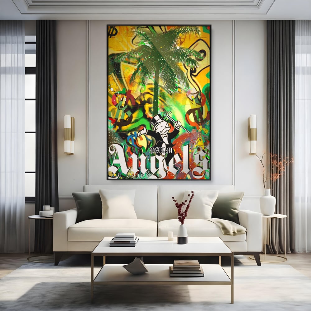 Tablou Canvas Premium LuxCanva® A1176, Monopoly Dollars , Palm Angels, Palmier, Dormitor, Dolar, Culori Vibrante