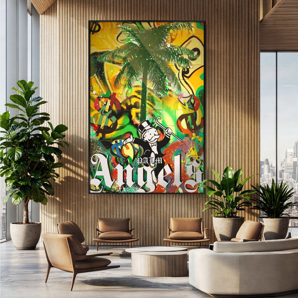 Tablou Canvas Premium LuxCanva® A1176, Monopoly Dollars , Palm Angels, Palmier, Dormitor, Dolar, Culori Vibrante