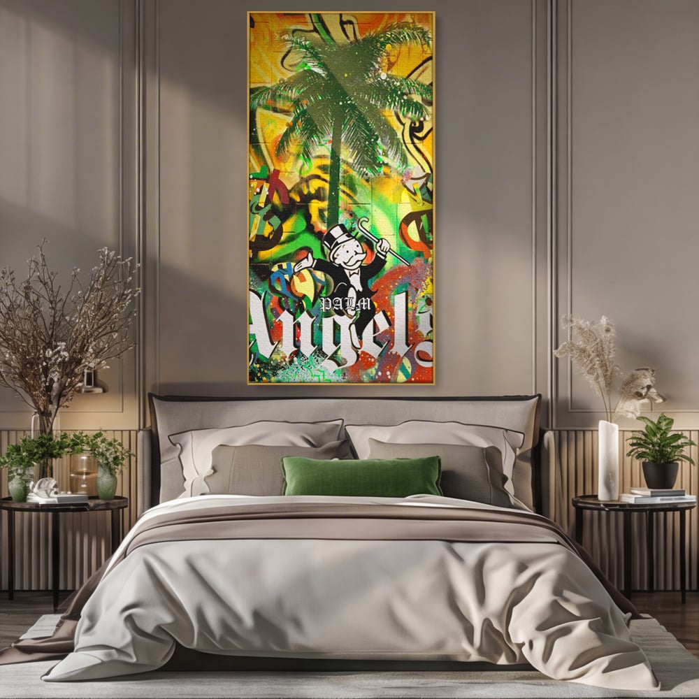 Tablou Canvas Premium LuxCanva® A1176, Monopoly Dollars , Palm Angels, Palmier, Dormitor, Dolar, Culori Vibrante