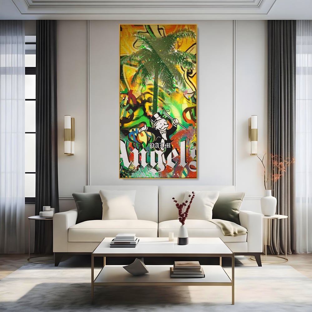 Tablou Canvas Premium LuxCanva® A1176, Monopoly Dollars , Palm Angels, Palmier, Dormitor, Dolar, Culori Vibrante